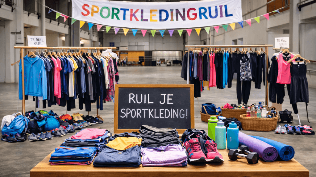 diverse sportkledingstukken, schoenen en bidons etc. voor ruilmiddag uitgestald
