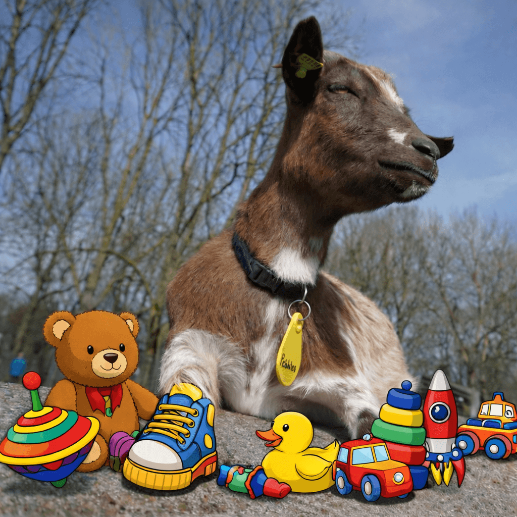 Geitje Pebbles is klaar voor speelgoedruilmiddag